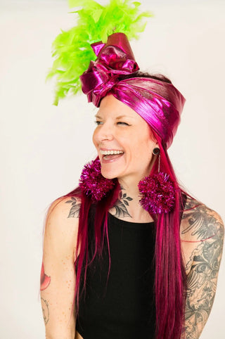 Fuchsia Lame With Green Feather Party Wrap - Fringe+Co