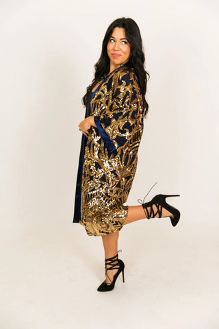 Gold Embroidered Navy Satin Lined Duster - Fringe+Co
