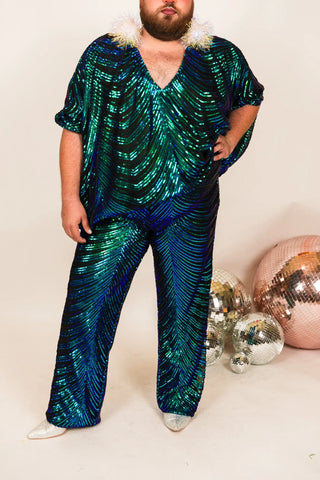 Green Iridescent Embroidered Sequin Pants - Fringe+Co