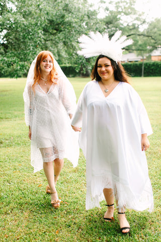 White Satin Mid Caftan w/Fringe
