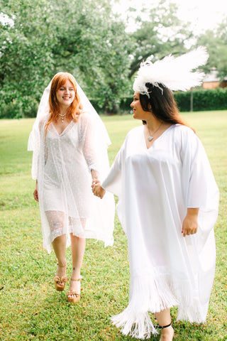 White Satin Mid Caftan w/Fringe