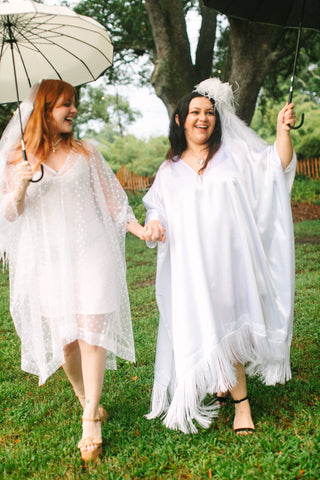 White Satin Mid Caftan w/Fringe