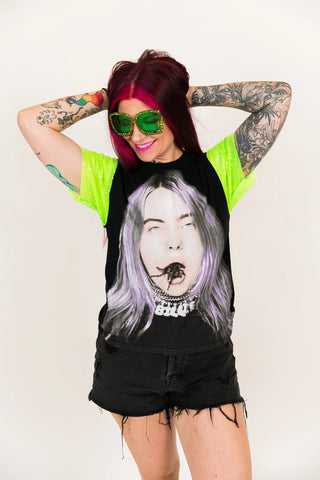 Billie Eilish Neon Green Sequin Sleeve Party Tee - Fringe+Co