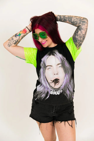 Billie Eilish Neon Green Sequin Sleeve Party Tee - Fringe+Co