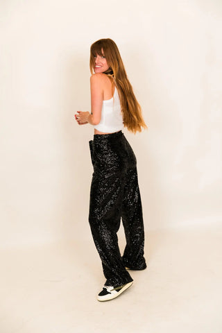 Black High Waisted Sequin Party Pants