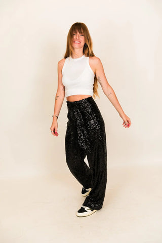 Black High Waisted Sequin Party Pants - Fringe+Co