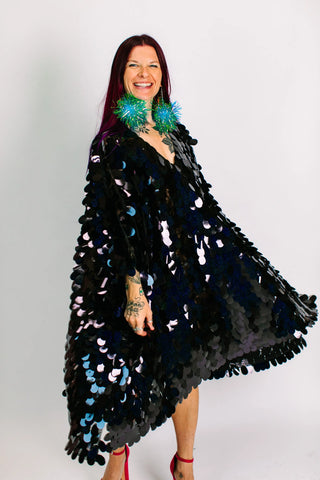 Black Holographic Jumbo Paillette Mid Caftan - Fringe+Co