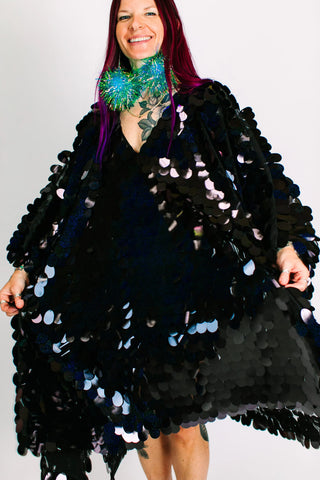 Black Holographic Jumbo Paillette Mid Caftan - Fringe+Co