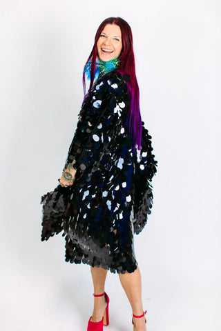 Black Holographic Jumbo Paillette Mid Caftan - Fringe+Co