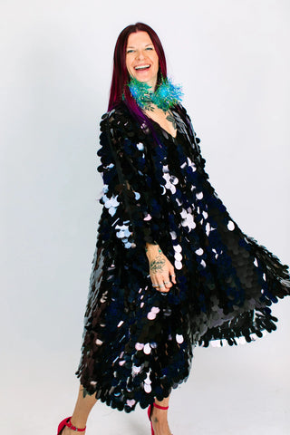 Black Holographic Jumbo Paillette Mid Caftan - Fringe+Co