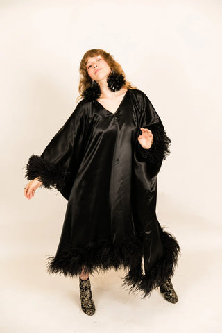 Black Satin with Black Ostrich Feather Caftan