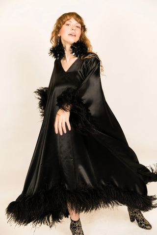 Black Satin with Black Ostrich Feather Caftan - Fringe+Co