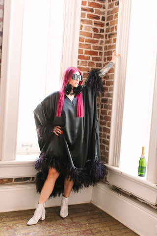 Black Satin with Black Ostrich Feather Caftan - Fringe+Co