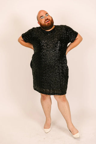 Black Sequin Crew Neck T-shirt Dress - Main Image