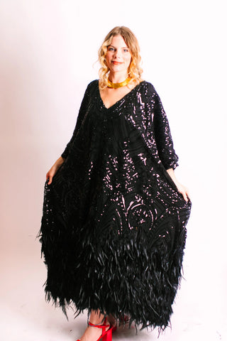 Black Sequin Embroidered Feather Caftan - Fringe+Co