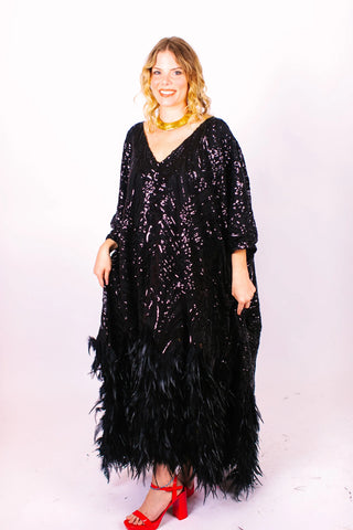 Black Sequin Embroidered Feather Caftan - Fringe+Co