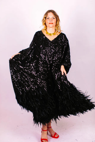 Black Sequin Embroidered Feather Caftan - Fringe+Co