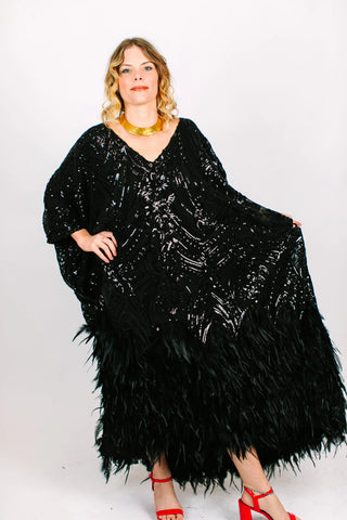 Black Sequin Embroidered Feather Caftan - Fringe+Co