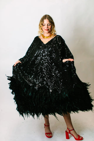 Black Sequin Embroidered Feather Caftan - Fringe+Co