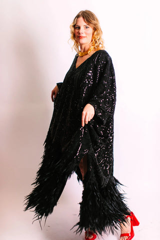 Black Sequin Embroidered Feather Caftan - Fringe+Co