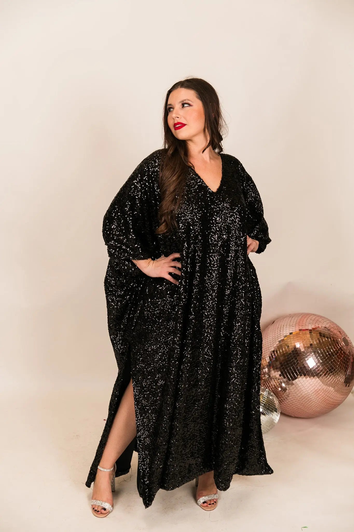 Black Sequin Long Caftan Satin Lined