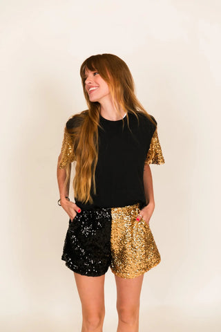 Black Tee With Gold Sequin Sleeve Crop - Fringe+Co