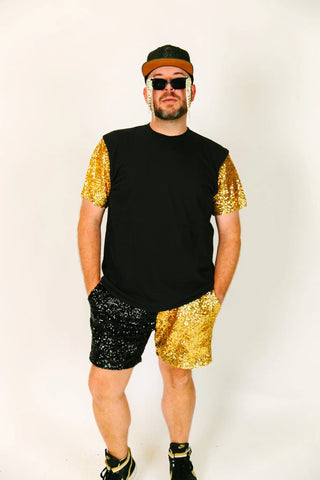 Black Tee With Gold Sequin Sleeve - Fringe+Co