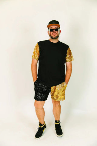 Black Tee With Gold Sequin Sleeve - Fringe+Co