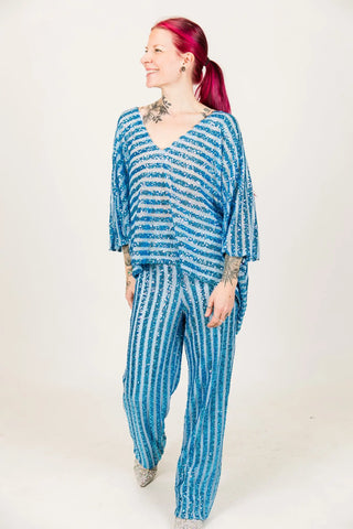 Blue Stripe Sequin Pants - Fringe+Co