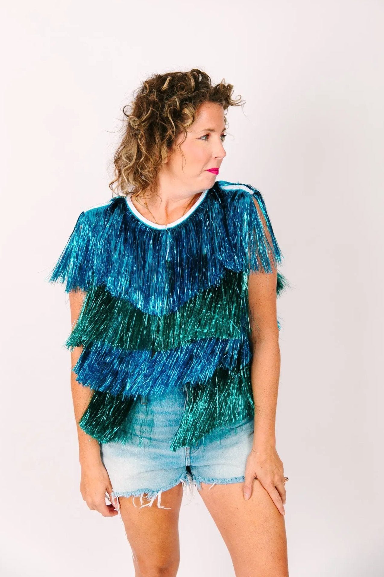 Blue Teal Tinsel Vest fringe co