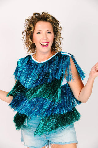 Blue & Teal Tinsel Vest - Fringe+Co