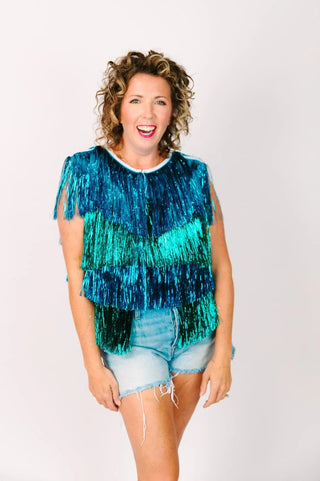 Blue & Teal Tinsel Vest - Fringe+Co