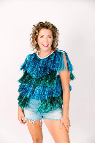 Blue & Teal Tinsel Vest - Fringe+Co