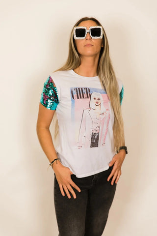 Cher Pink and Blue Sequin Sleeve Party Tee