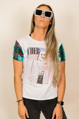 Cher Pink and Blue Sequin Sleeve Party Tee