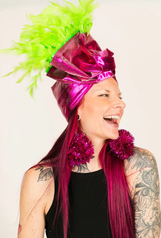 Fuchsia Lame With Green Feather Party Wrap - Fringe+Co