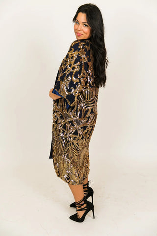 Gold Embroidered Navy Satin Lined Duster - Fringe+Co