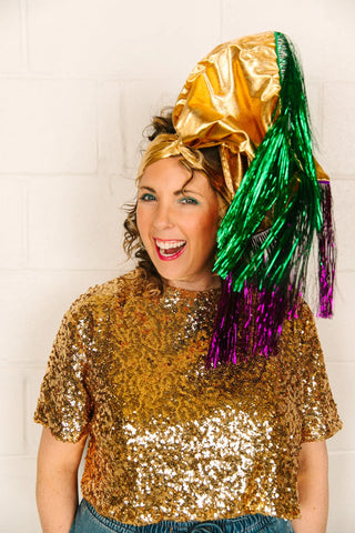 Gold Lame With Purple And Green Tinsel Party Wrap - Fringe+Co