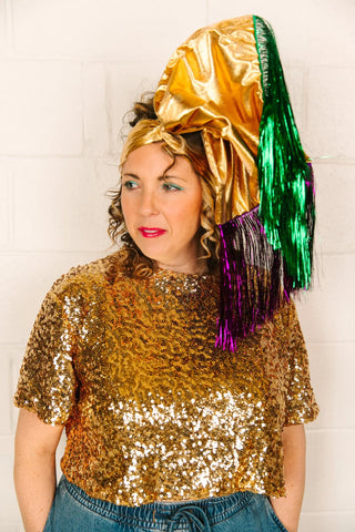 Gold Lame With Purple And Green Tinsel Party Wrap - Fringe+Co