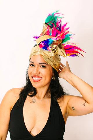 Gold Lame With Rainbow Short Feathers - Fringe+Co