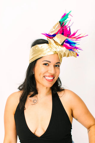 Gold Lame With Rainbow Short Feathers - Fringe+Co