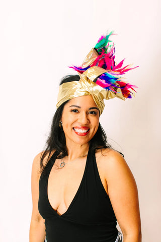 Gold Lame With Rainbow Short Feathers - Fringe+Co