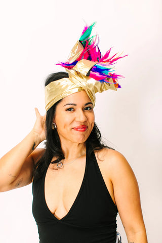 Gold Lame With Rainbow Short Feathers - Fringe+Co