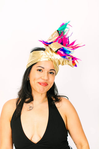 Gold Lame With Rainbow Short Feathers - Fringe+Co