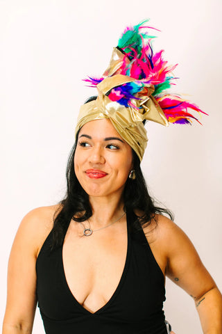 Gold Lame With Rainbow Short Feathers - Fringe+Co
