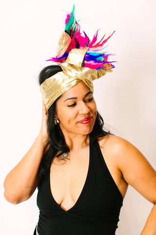 Gold Lame With Rainbow Short Feathers - Fringe+Co