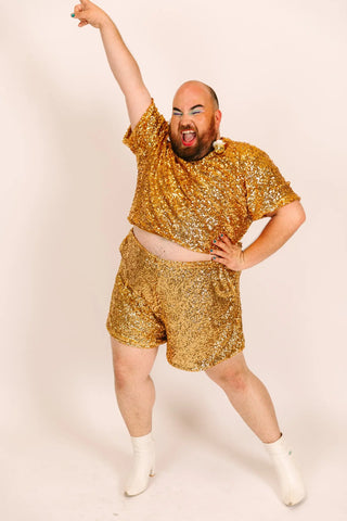 gold dress shorts Dylan & Davids Short Gold Sequin Mini Cocktail Dress sheerdreamz