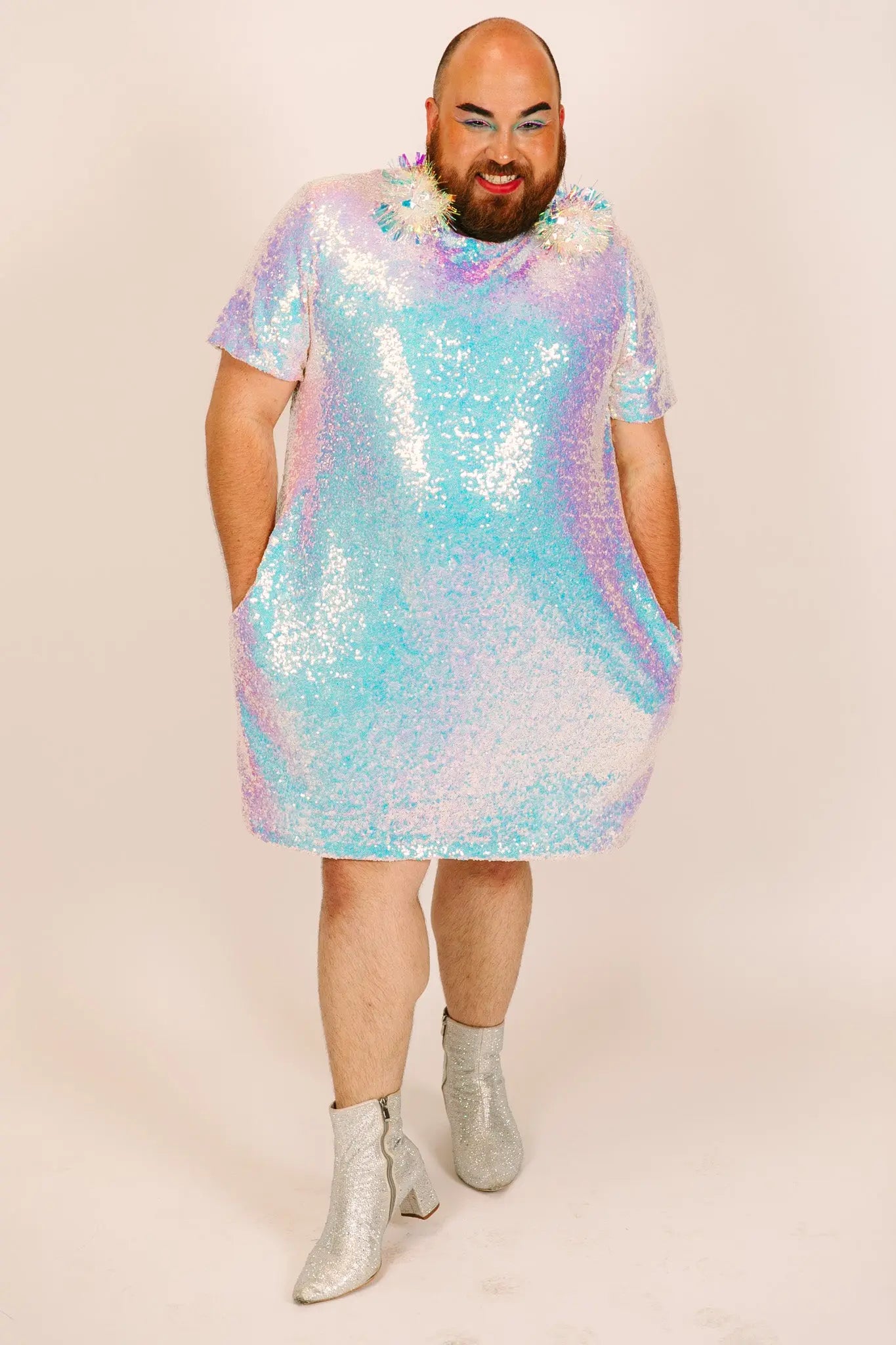 Iridescent Sequin Crew Neck T-Shirt Dress – fringe co