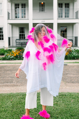 White Tulle Pink Feather Veil