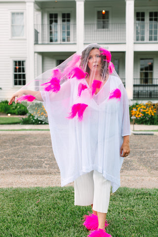 White Tulle Pink Feather Veil